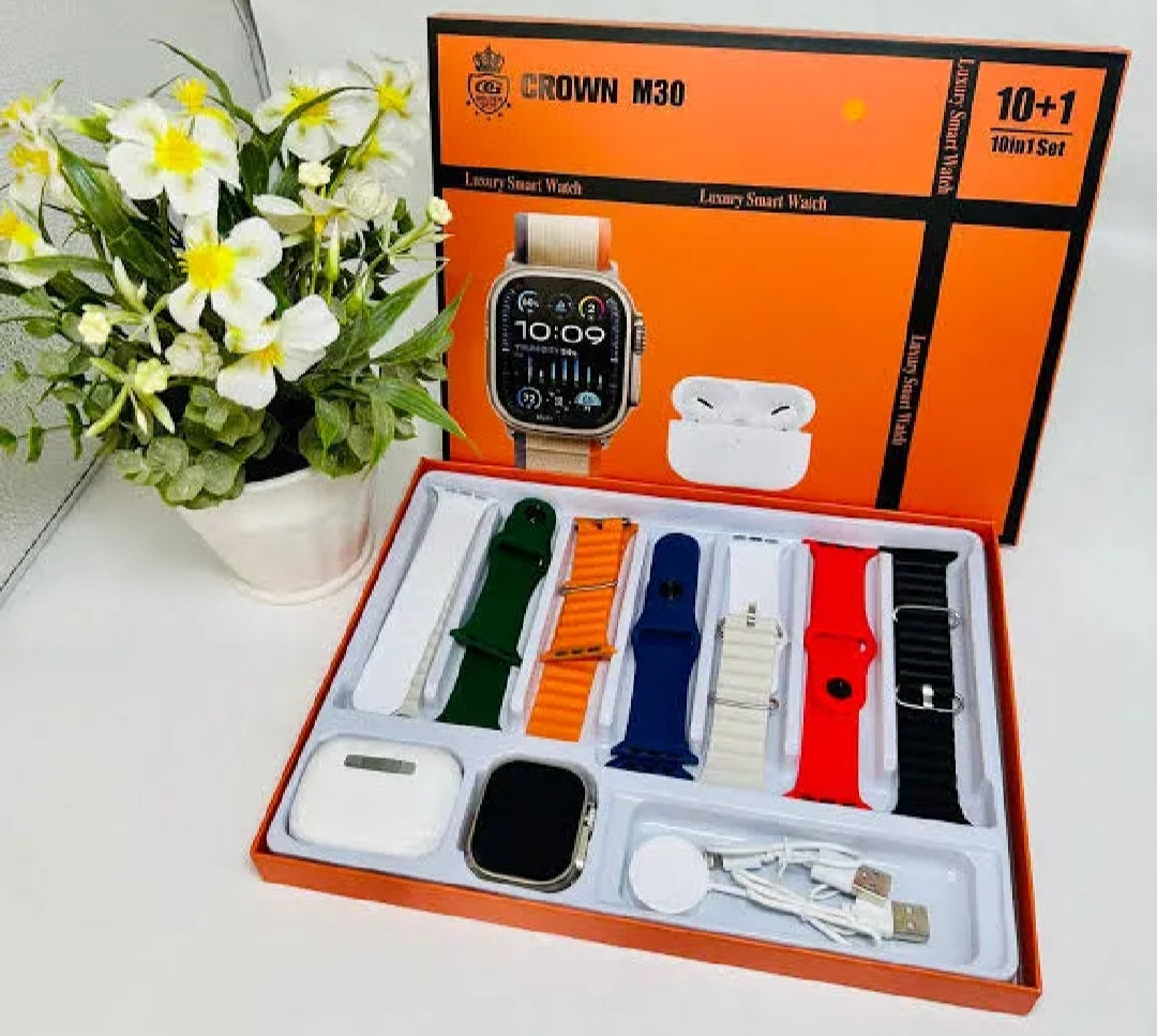 Crown M30 Luxury Smart Watch 10+1 Set with AirPods & 7 Straps | Bluetooth Calling, Heart Rate, Sleep Tracker | Best Gift for Men & Women | hzkart.com
