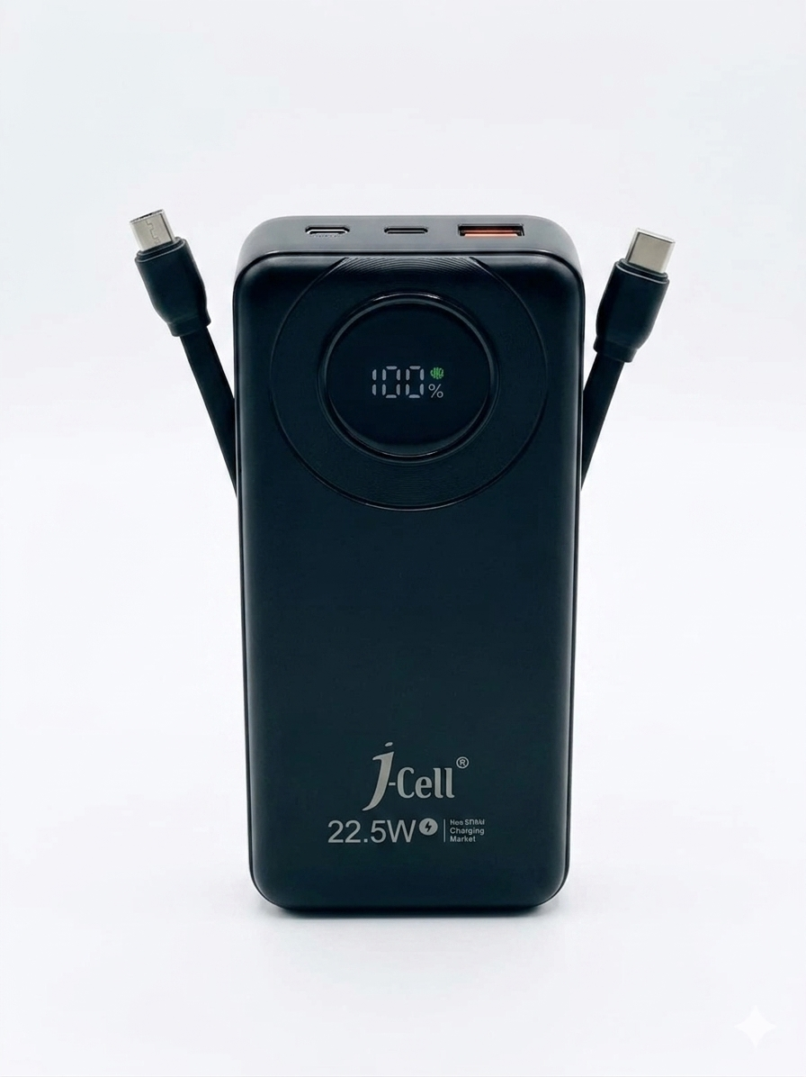 J-Cell Power Bank 20000mAh | 22.5W PD Fast Charger | Type-C & Micro Built-in Cables | Model J-123