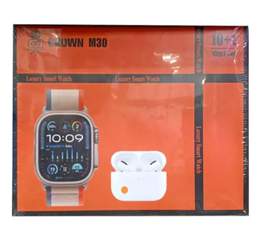 Crown M30 Luxury Smart Watch 10+1 Set with AirPods & 7 Straps | Bluetooth Calling, Heart Rate, Sleep Tracker | Best Gift for Men & Women | hzkart.com