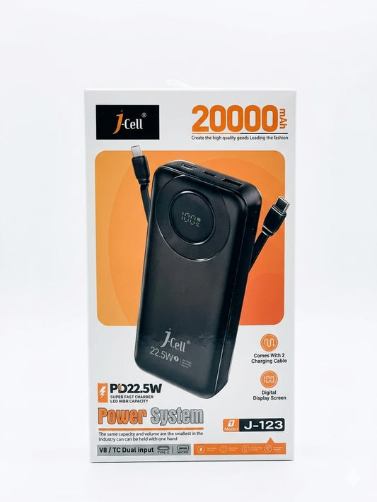 J-Cell Power Bank 20000mAh | 22.5W PD Fast Charger | Type-C & Micro Built-in Cables | Model J-123