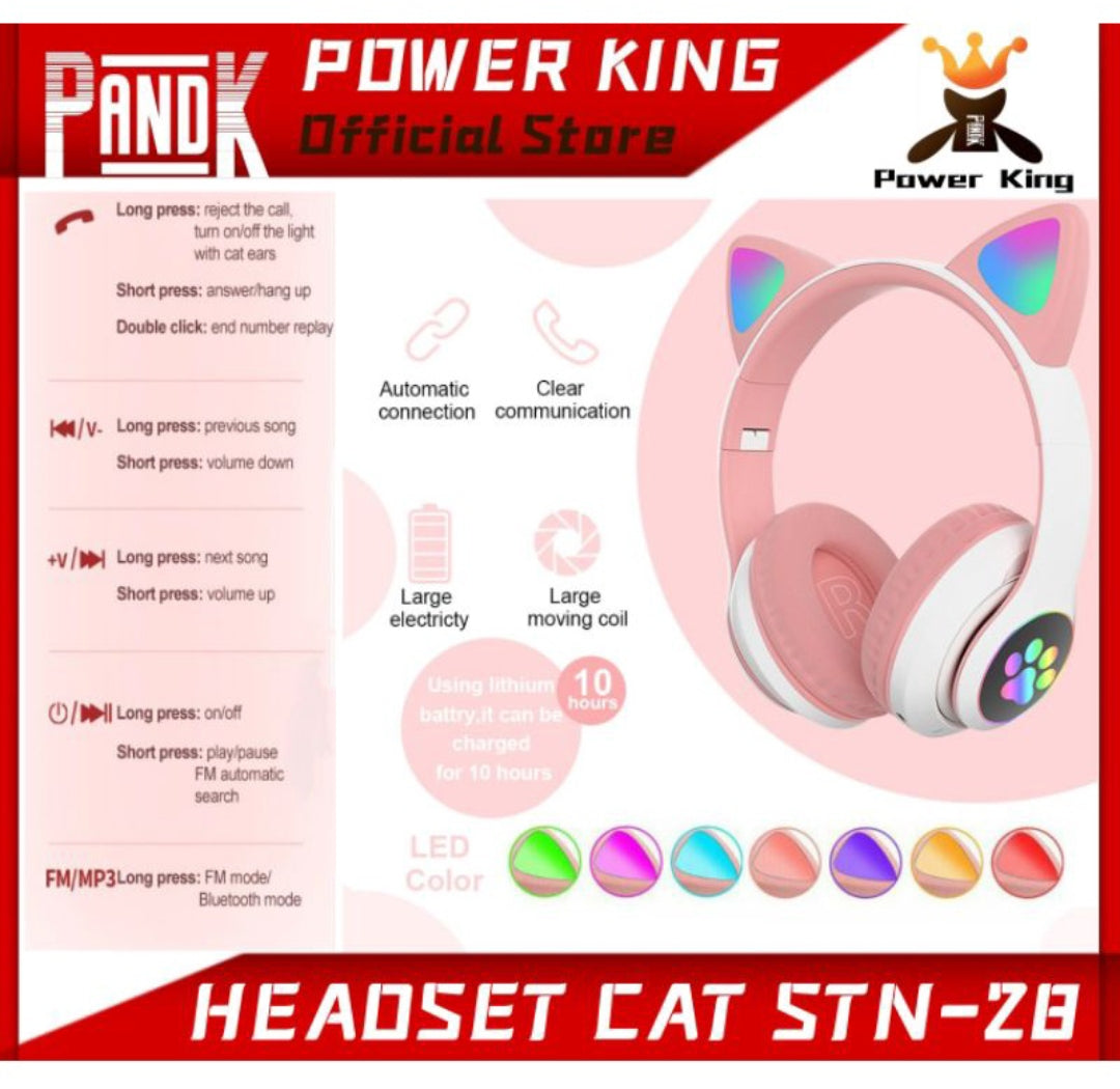 STN-28 RGB Cat Ear Wireless Bluetooth Headphones with LED Lights & Mic | Gaming Headset for Kids & Girls
