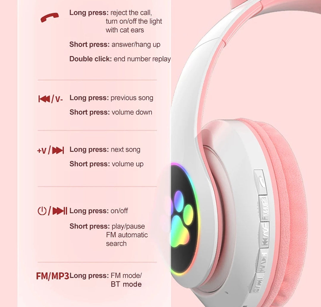 STN-28 RGB Cat Ear Wireless Bluetooth Headphones with LED Lights & Mic | Gaming Headset for Kids & Girls